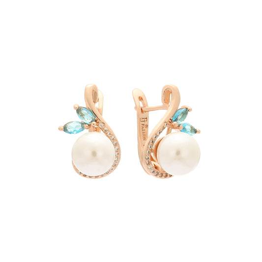 玫瑰金珍珠耳环，镶嵌两颗湖蓝色宝石