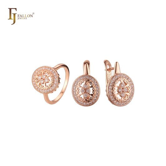 Conjunto de joyería con anillos en oro rosa texturizado con circonitas blancas de filigrana